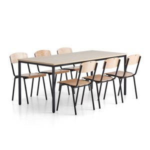 Jídelní set JAMIE + WILSON, 1 stůl 1800x800 mm, 6 židlí, bříza/černá