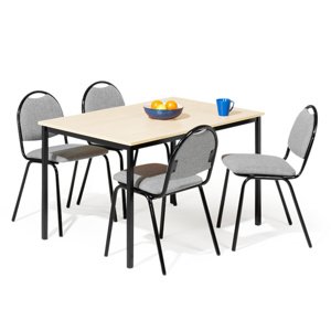 Jídelní sestava: stůl 1200 x 800 mm, lamino bříza + 4 židle, šedý textilní potah