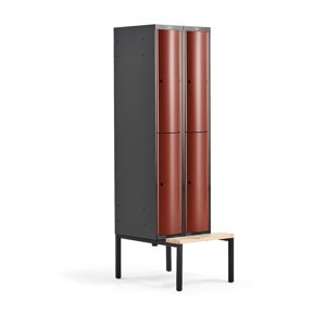 Šatní skříňka Curve, 2 sekce, 4 boxy, 2120x600x550 mm, lavice, červené dveře