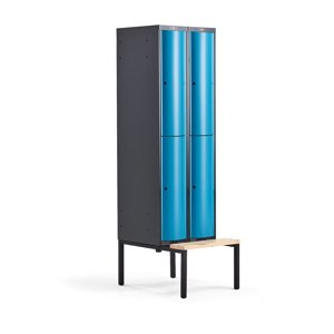 Šatní skříňka Curve, 2 sekce, 4 boxy, 2120x600x550 mm, lavice, modré dveře