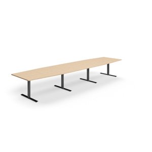 Jednací stůl QBUS, T-nohy, 4800x1200 mm, tvar člunu, černá podnož, dub