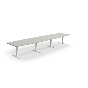 Jednací stůl QBUS, T-nohy, 4800x1200 mm, tvar člunu, bílá podnož, světle šedá