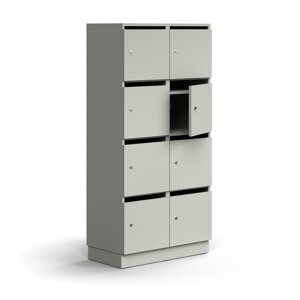 Skříň na poštu a osobní věci QBUS, 8 uzamykatelných boxů s přihrádkou, sokl, 1636x800x420 mm, světle