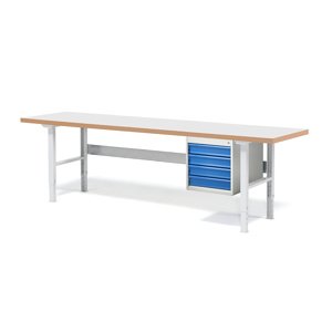 Dílenský stůl SOLID, 2500x800 mm, nosnost 750 kg, 4 zásuvky, laminát