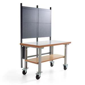 Mobilní dílenský stůl SOLID, s panelem na nářadí a spodní policí, 1500x800 mm, HPL