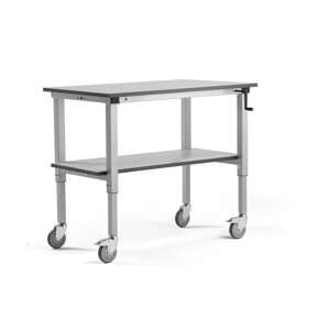 Mobilní pracovní stůl MOTION, manuálně nastavitelná výška, 1200x600 mm, se spodní policí, 150 kg, še
