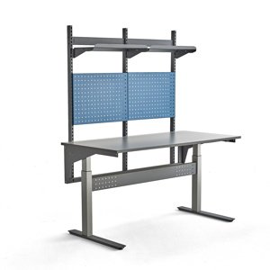 Výškově nastavitelný pracovní stůl VERVE, 200 kg, 1600x800 mm, panel na nářadí a police
