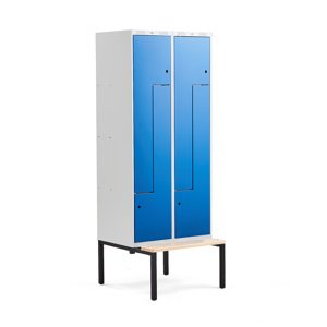 Šatní skříňka Classic Z, s lavicí, 2 sekce, 4 dveře, 2120x800x550mm, modré dveře
