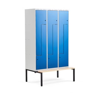 Šatní skříňka Classic Z, s lavicí, 3 sekce, 6 dveří, 2120x1200x550mm, modré dveře