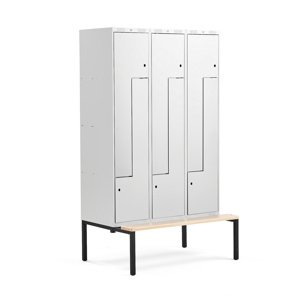 Šatní skříňka Classic Z, s lavicí, 3 sekce, 6 dveří, 2120x1200x550mm, šedé dveře