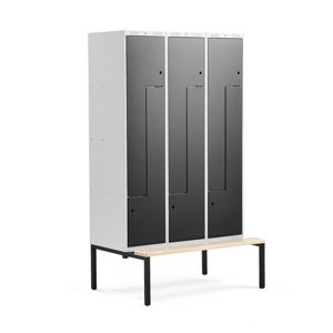 Šatní skříňka Classic Z, s lavicí, 3 sekce, 6 dveří, 2120x1200x550mm, černé dveře