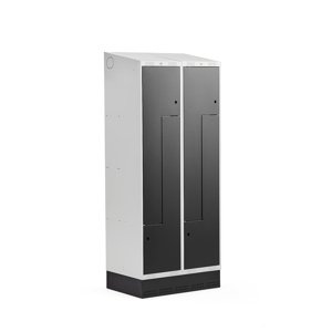Šatní skříňka Classic Z, šikmá střecha, se soklem, 2 sekce, 4 dveře, 2050x800x550 mm, černé dveře