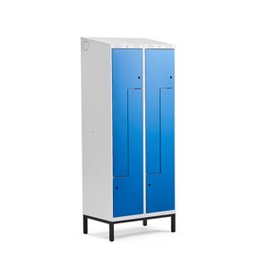 Šatní skříňka Classic Z, šikmá střecha, s nohami, 2 sekce, 4 dveře, 2100x800x550 mm, modré dveře