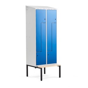 Šatní skříňka Classic Z, šikmá střecha, s lavicí, 2 sekce, 4 dveře, 2290x800x550 mm, modré dveře
