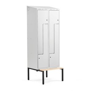 Šatní skříňka Classic Z, šikmá střecha, s lavicí, 2 sekce, 4 dveře, 2290x800x550 mm, šedé dveře