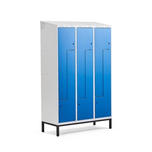 Šatní skříňka Classic Z, šikmá střecha, s nohami, 3 sekce, 6 dveří, 2100x1200x550 mm, modré dveře