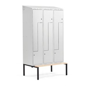 Šatní skříňka Classic Z, šikmá střecha, s lavicí, 3 sekce, 6 dveří, 2290x1200x550 mm, šedé dveře