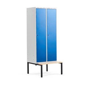 Šatní skříňka Classic, s lavicí, 2 sekce, 2120x800x550mm, modré dveře