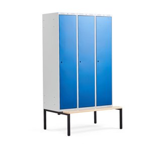 Šatní skříňka Classic, s lavicí, 3 sekce, 2120x1200x550mm, modré dveře