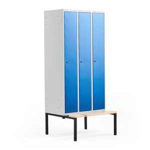 Šatní skříňka Classic, s lavicí, 3 sekce, 2120x900x550mm, modré dveře