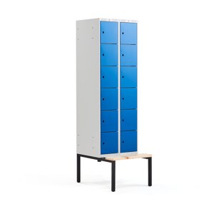 Šatní skříňka Classic, s lavicí, 2 sekce, 12 boxů, 2120x600x550mm, modré dveře