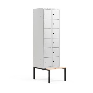 Šatní skříňka Classic, s lavicí, 2 sekce, 12 boxů, 2120x600x550mm, šedé dveře