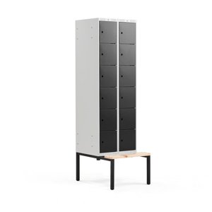 Šatní skříňka Classic, s lavicí, 2 sekce, 12 boxů, 2120x600x550mm, černé dveře