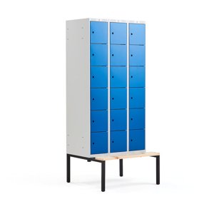 Šatní skříňka Classic, s lavicí, 3 sekce, 18 boxů, 2120x900x550mm, modré dveře