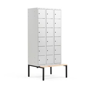 Šatní skříňka Classic, s lavicí, 3 sekce, 18 boxů, 2120x900x550mm, šedé dveře