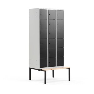 Šatní skříňka Classic, s lavicí, 3 sekce, 18 boxů, 2120x900x550mm, černé dveře