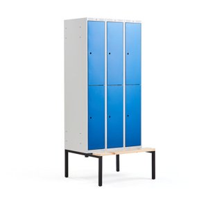 Šatní skříňka Classic, s lavicí, 3 sekce, 6 boxů, 2120x900x550mm, modré dveře