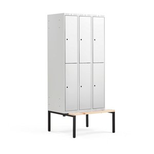 Šatní skříňka Classic, s lavicí, 3 sekce, 6 boxů, 2120x900x550mm, šedé dveře