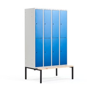 Šatní skříňka Classic, s lavicí, 4 sekce, 8 boxů, 2120x1200x550mm, modré dveře