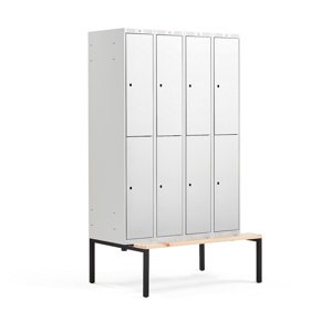 Šatní skříňka Classic, s lavicí, 4 sekce, 8 boxů, 2120x1200x550mm, šedé dveře