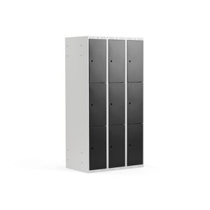 Šatní skříňka, 3 sekce, 9 boxů, V 1740 x Š 900 x H 550 mm, šedá/černé dveře