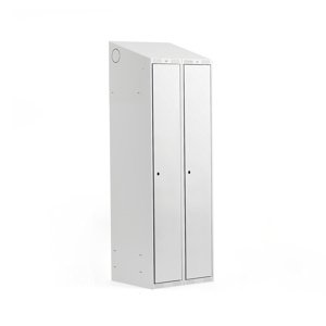 Šatní skříňka Classic, šikmá střecha, 2 sekce, Š 600 mm, šedá, šedé dveře