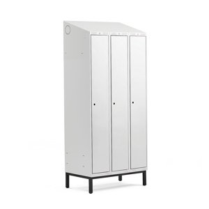 Šatní skříňka Classic, šikmá střecha, s nohami, 3 sekce, 2100x900x550mm, šedé dveře