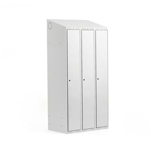 Šatní skříňka Classic, šikmá střecha, 3 sekce, Š 900 mm, šedá, šedé dveře