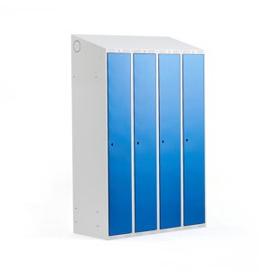 Šatní skříňka Classic, šikmá střecha, 4 sekce, Š 1200 mm, šedá, modré dveře