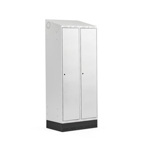 Šatní skříňka Classic, šikmá střecha, se soklem, 2 sekce, 2050x800x550mm, šedé dveře