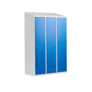 Šatní skříňka Classic, šikmá střecha, 3 sekce, Š 1200 mm, šedá, modré dveře