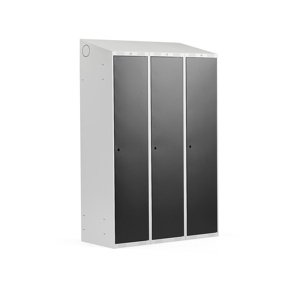 Šatní skříňka Classic, šikmá střecha, 3 sekce, Š 1200 mm, šedá, černé dveře