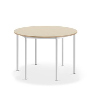 Stůl SONITUS, Ø1200x760 mm, bílé nohy, HPL deska tlumící hluk, bříza