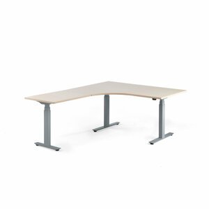 Výškově nastavitelný stůl MODULUS, rohový, 1600x2000 mm, stříbrný rám, bříza