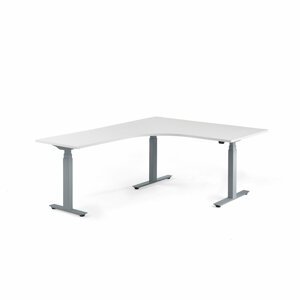 Výškově nastavitelný stůl MODULUS, rohový, 1600x2000 mm, stříbrný rám, bílá