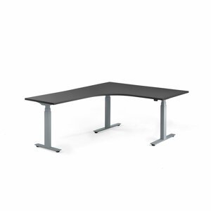 Výškově nastavitelný stůl MODULUS, rohový, 1600x2000 mm, stříbrný rám, černá