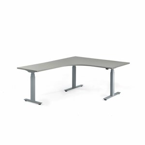 Výškově nastavitelný stůl MODULUS, rohový, 1600x2000 mm, stříbrný rám, světle šedá
