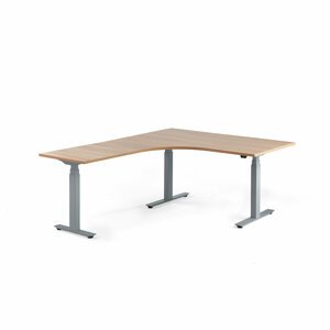 Výškově nastavitelný stůl MODULUS, rohový, 1600x2000 mm, stříbrný rám, dub