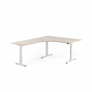 Výškově nastavitelný stůl MODULUS, rohový, 1600x2000 mm, bílý rám, bříza