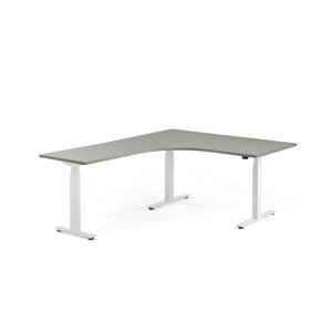 Výškově nastavitelný stůl MODULUS, rohový, 1600x2000 mm, bílý rám, světle šedá
